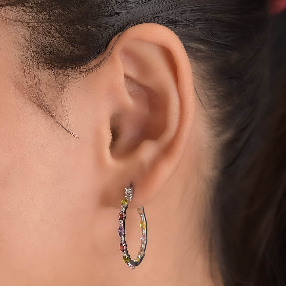 Simulated Multi Color Diamond Inside Out Hoop Earrings in Stainless Steel image number 3