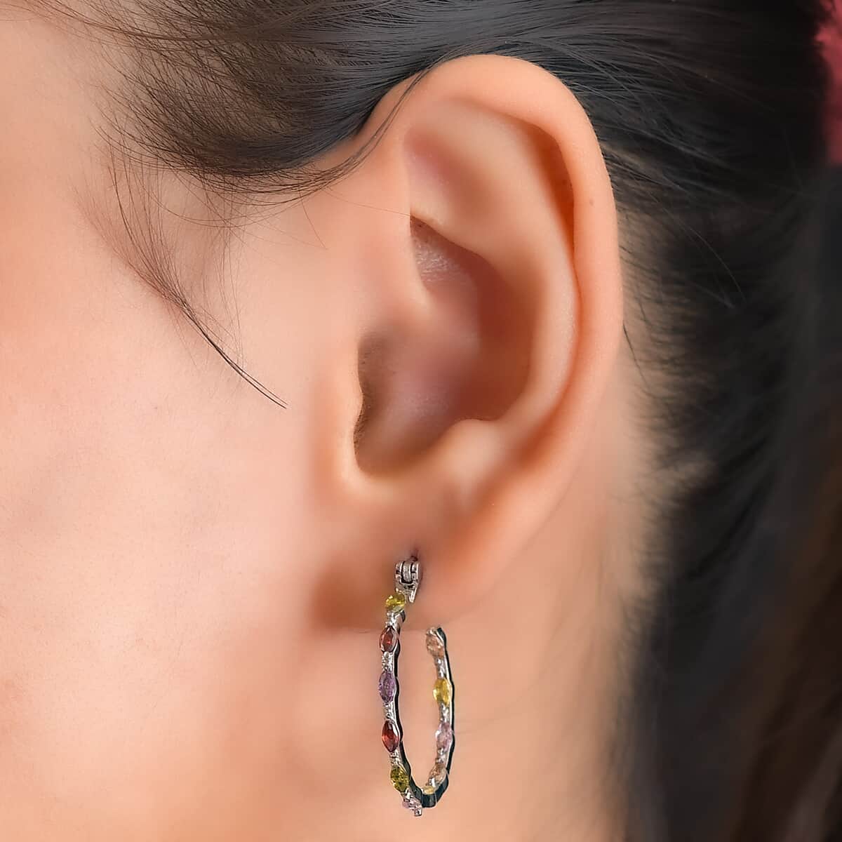 Simulated Multi Color Diamond Inside Out Hoop Earrings in Stainless Steel image number 4