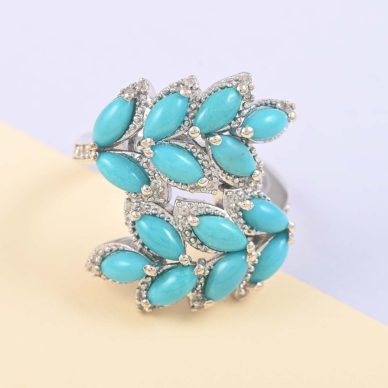 Natural Sleeping Beauty Turquoise and Natural White Zircon Ring in Rhodium Over Sterling Silver (Size 7.0) 8 Grams 7.50 ctw