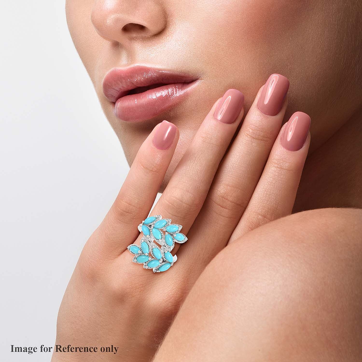 Natural Sleeping Beauty Turquoise and Natural White Zircon Ring in Rhodium Over Sterling Silver (Size 7.0) 8 Grams 7.50 ctw