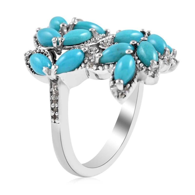 Natural Sleeping Beauty Turquoise and Natural White Zircon Ring in Rhodium Over Sterling Silver (Size 7.0) 8 Grams 7.50 ctw