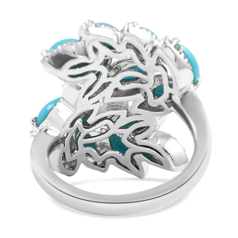Natural Sleeping Beauty Turquoise and Natural White Zircon Ring in Rhodium Over Sterling Silver (Size 7.0) 8 Grams 7.50 ctw