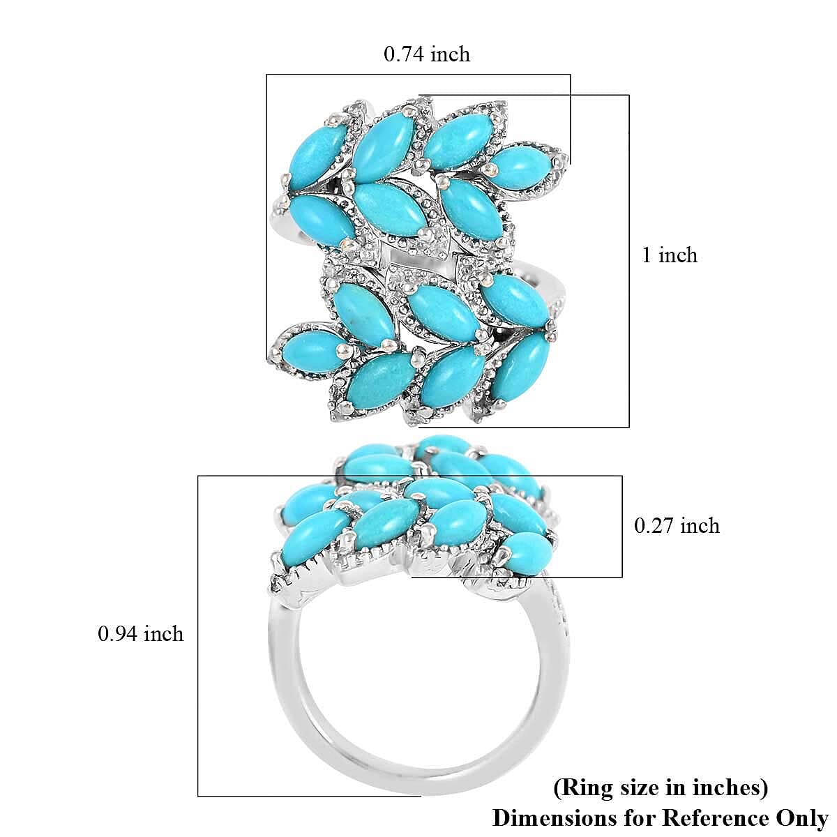 Natural Sleeping Beauty Turquoise and Natural White Zircon Ring in Rhodium Over Sterling Silver (Size 7.0) 8 Grams 7.50 ctw