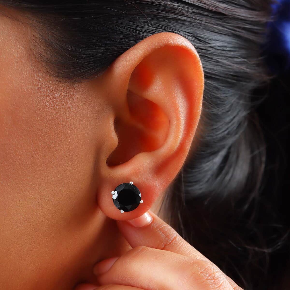 Thai Black Spinel Stud Earrings in Sterling Silver, Black Solitaire Earrings, 925 Silver Studs 6.60 ctw image number 2