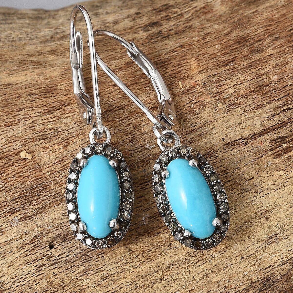 Sleeping Beauty Turquoise, Natural Champagne Diamond Black Rhodium & Platinum Over Sterling Silver Lever Back Earrings TDiaWt 0.25 cts, TGW 2.40 cts. image number 1