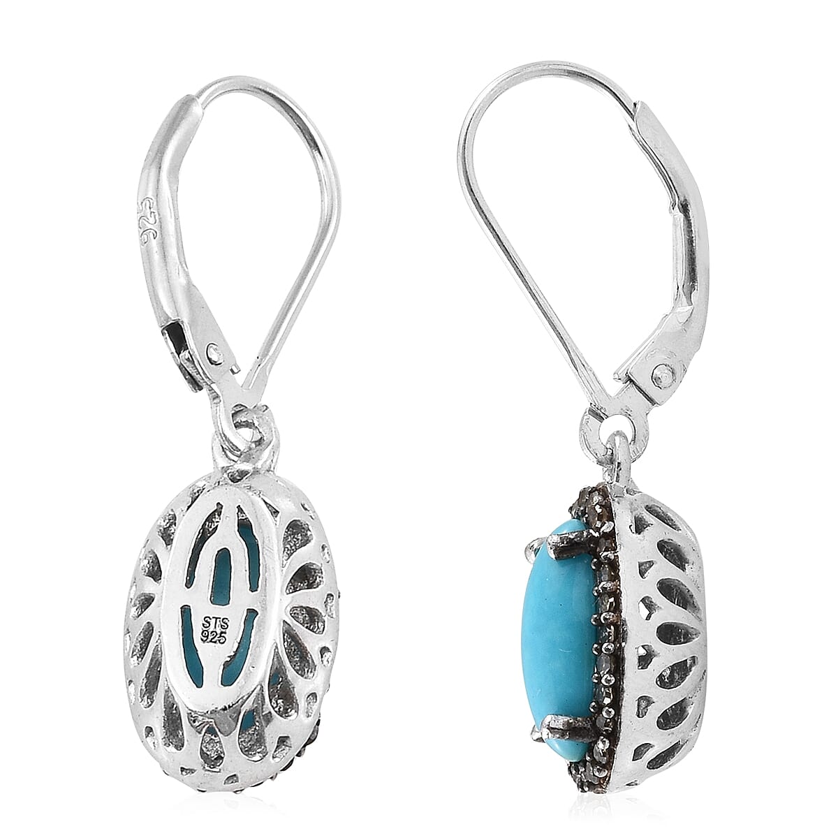 Sleeping Beauty Turquoise, Natural Champagne Diamond Black Rhodium & Platinum Over Sterling Silver Lever Back Earrings TDiaWt 0.25 cts, TGW 2.40 cts. image number 3