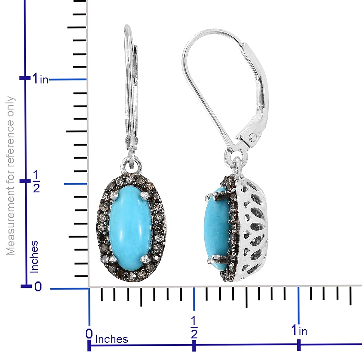 Sleeping Beauty Turquoise, Natural Champagne Diamond Black Rhodium & Platinum Over Sterling Silver Lever Back Earrings TDiaWt 0.25 cts, TGW 2.40 cts. image number 4