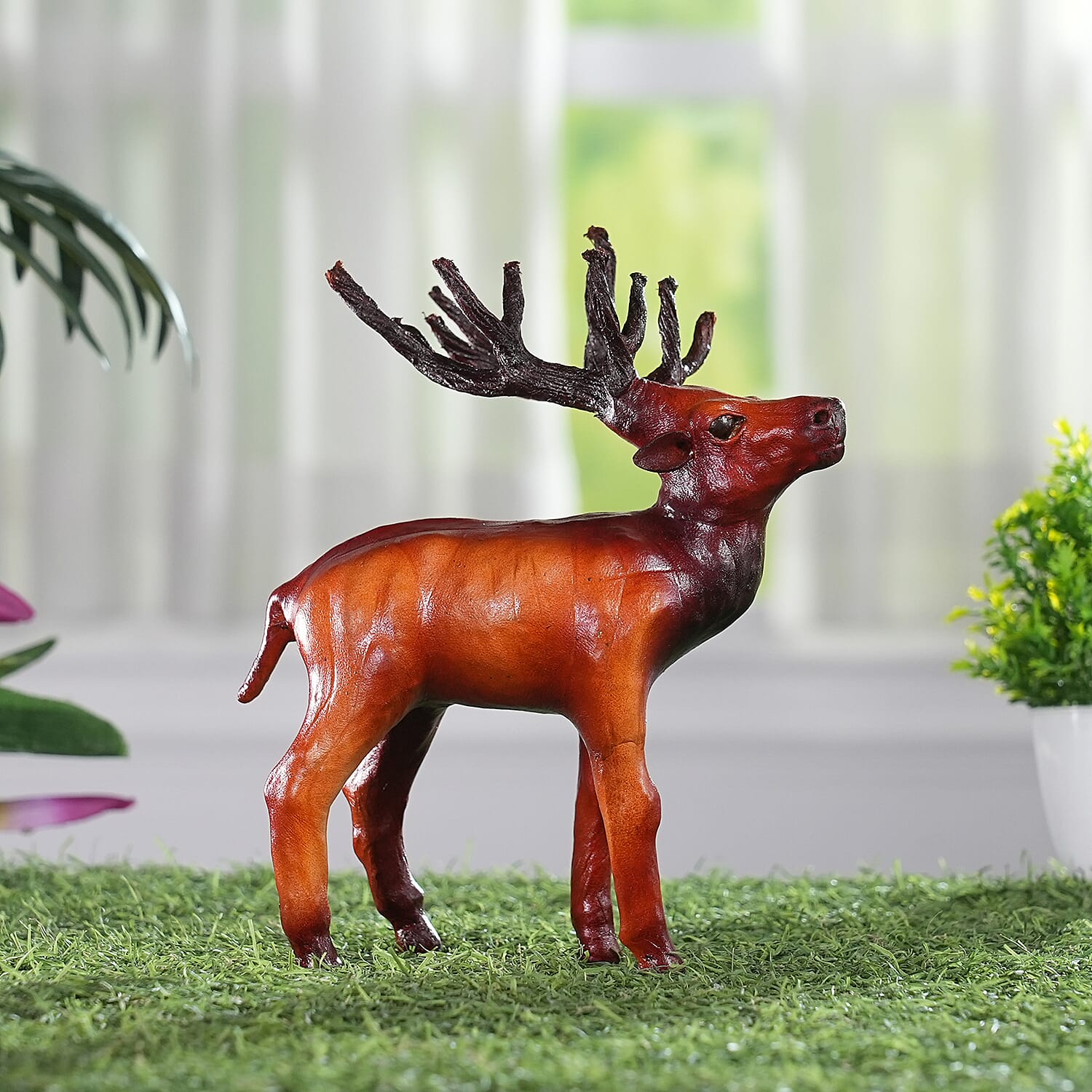 Handcrafted Genuine Leather Reindeer Statue