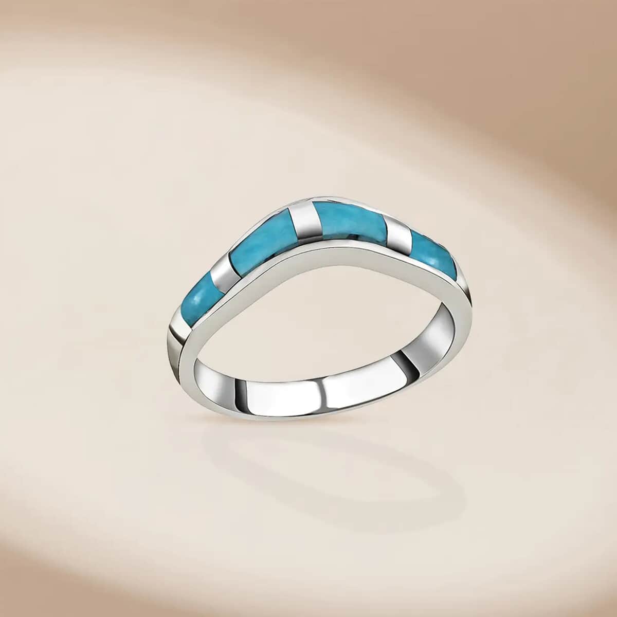Mother’s Day Gift Santa Fe Style Kingman Turquoise Band Ring in Sterling Silver, Boho Western Turquoise Jewelry for Women, Wishbone Engagement Band 1.75 ctw image number 1