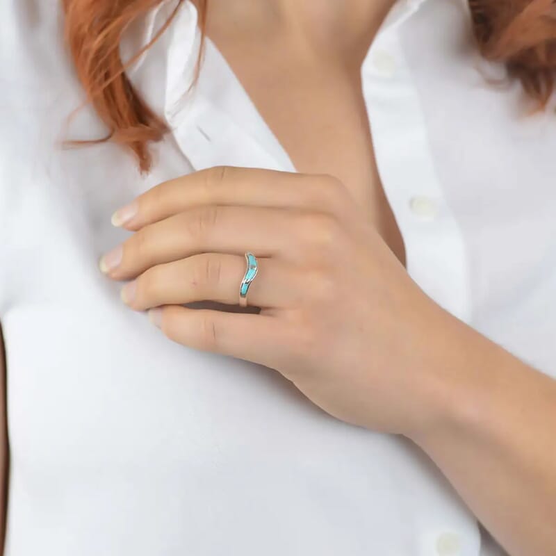 Santa Fe Style Kingman Turquoise Band Ring in Sterling Silver, Boho Western Turquoise Jewelry for Women, Wishbone Engagement Band (Size 7) 1.75 ctw