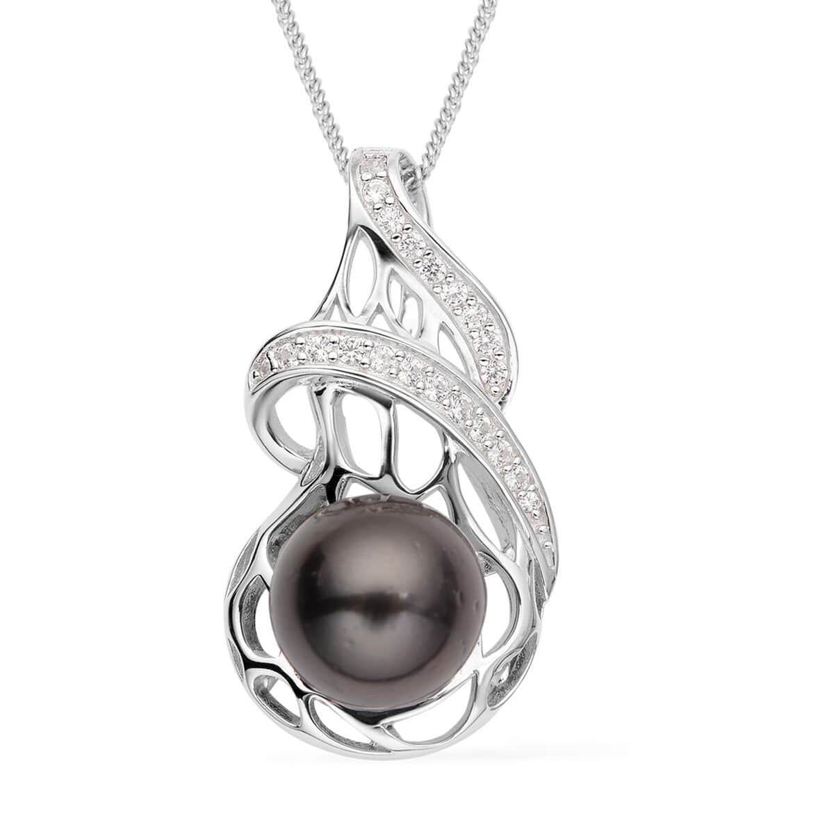 Tahitian Cultured Pearl and White Zircon Openwork Pendant Necklace 18 Inches in Sterling Silver 0.30 ctw image number 0