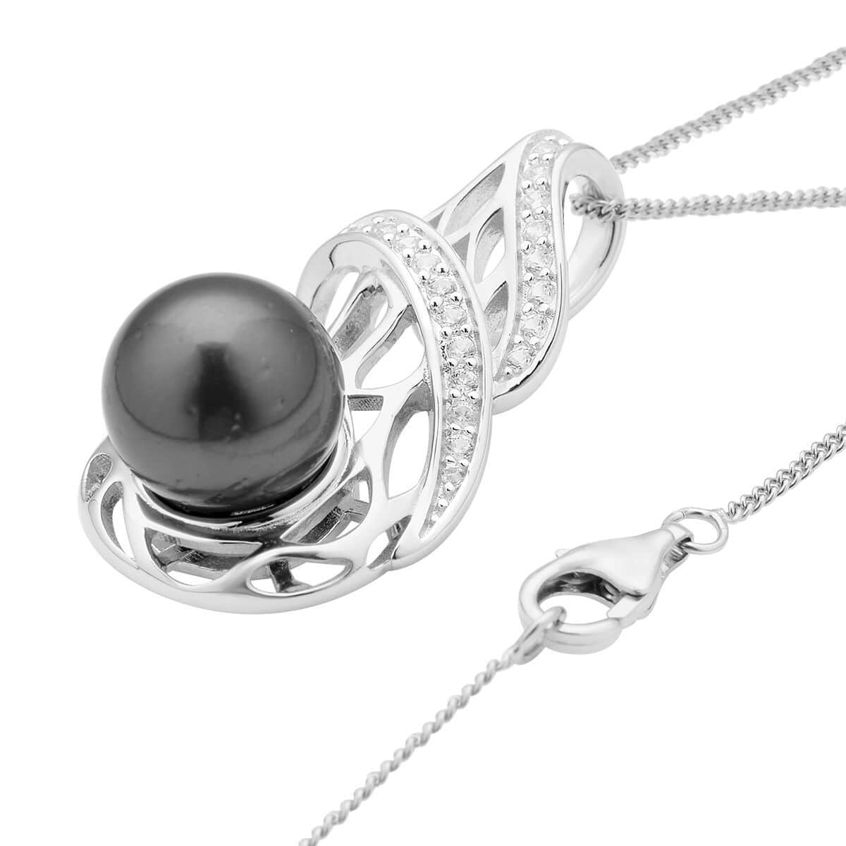 Tahitian Cultured Pearl and White Zircon Openwork Pendant Necklace 18 Inches in Sterling Silver 0.30 ctw image number 3