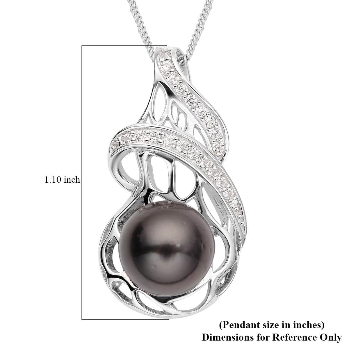 Tahitian Cultured Pearl and White Zircon Openwork Pendant Necklace 18 Inches in Sterling Silver 0.30 ctw image number 5