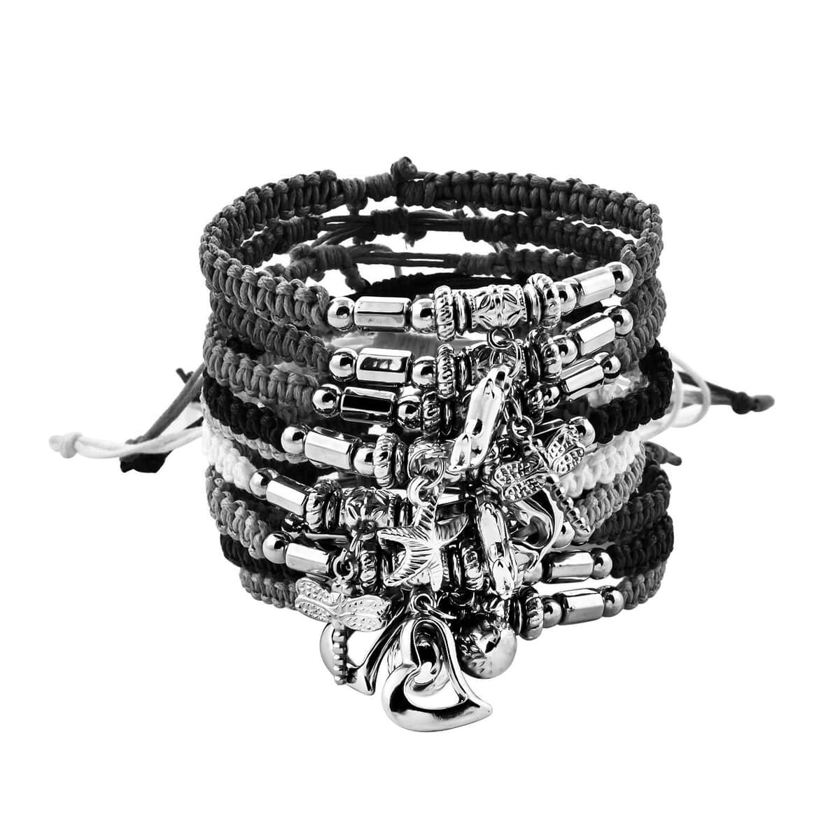 Set of 10 Woven Wax Cord Bracelets with Silvertone Charms Adjustable image number 0