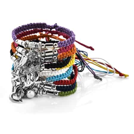 Set of 10 Multi Color Wax Cord Adjustable Friendship Bracelet with Charms  Gift