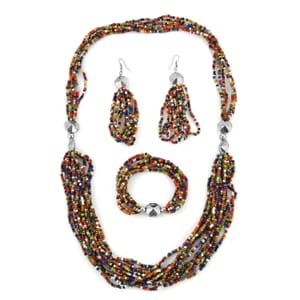 Multi Color Seed Beaded Earrings, Stretchable Bracelet and Multi Strand Necklace 30 Inches in Silvertone
