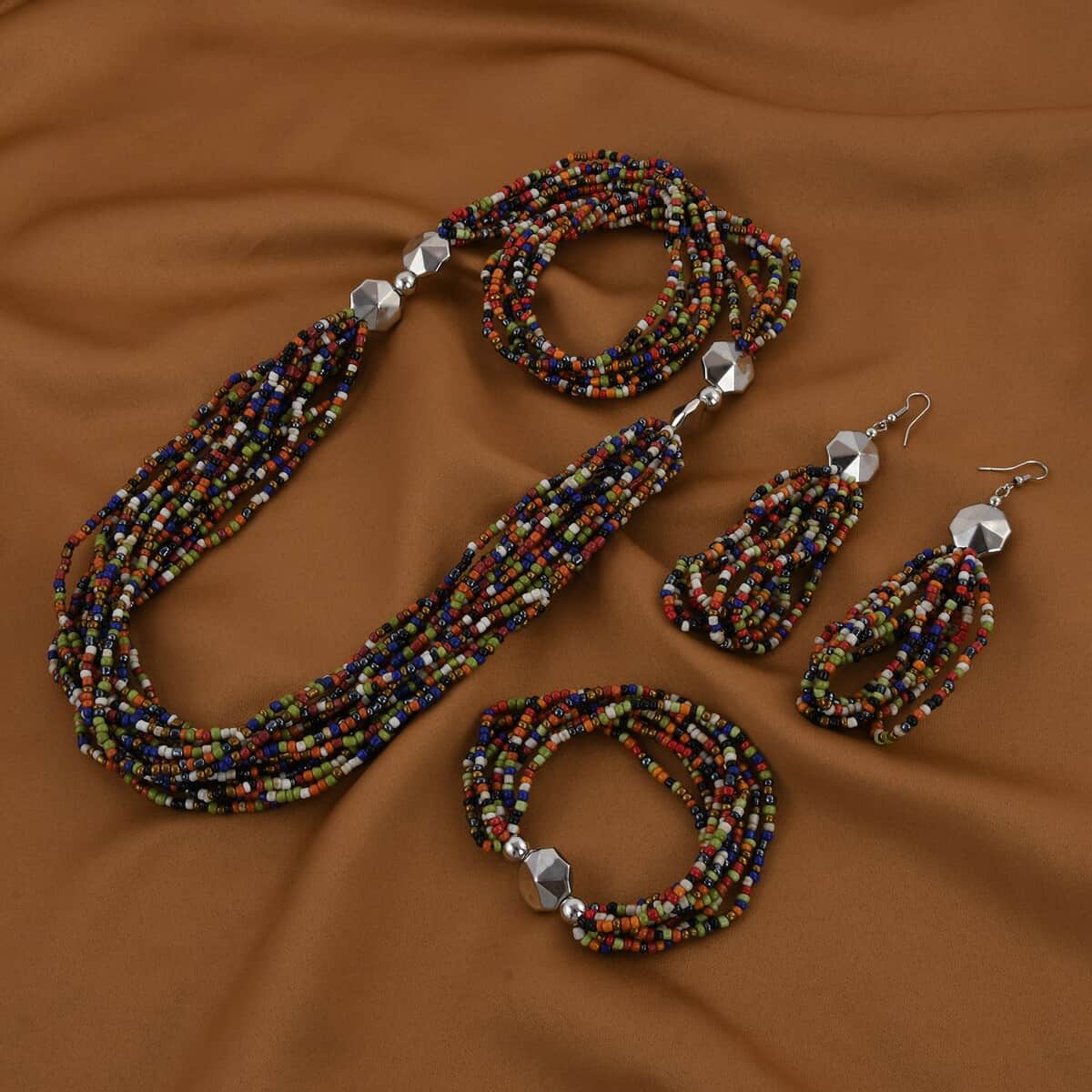 Multi Color Seed Beaded Earrings, Stretchable Bracelet and Multi Strand Necklace 30 Inches in Silvertone image number 1