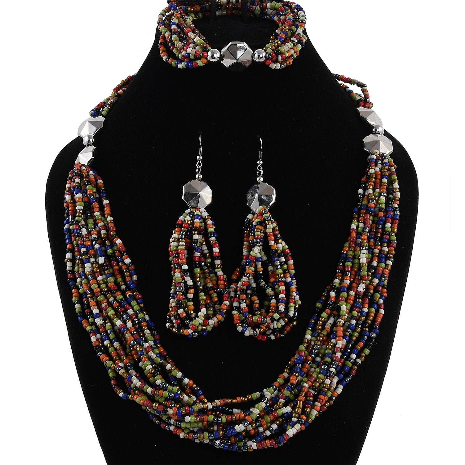 Multi Color Seed Beaded Earrings, Stretchable Bracelet and Multi Strand Necklace 30 Inches in Silvertone