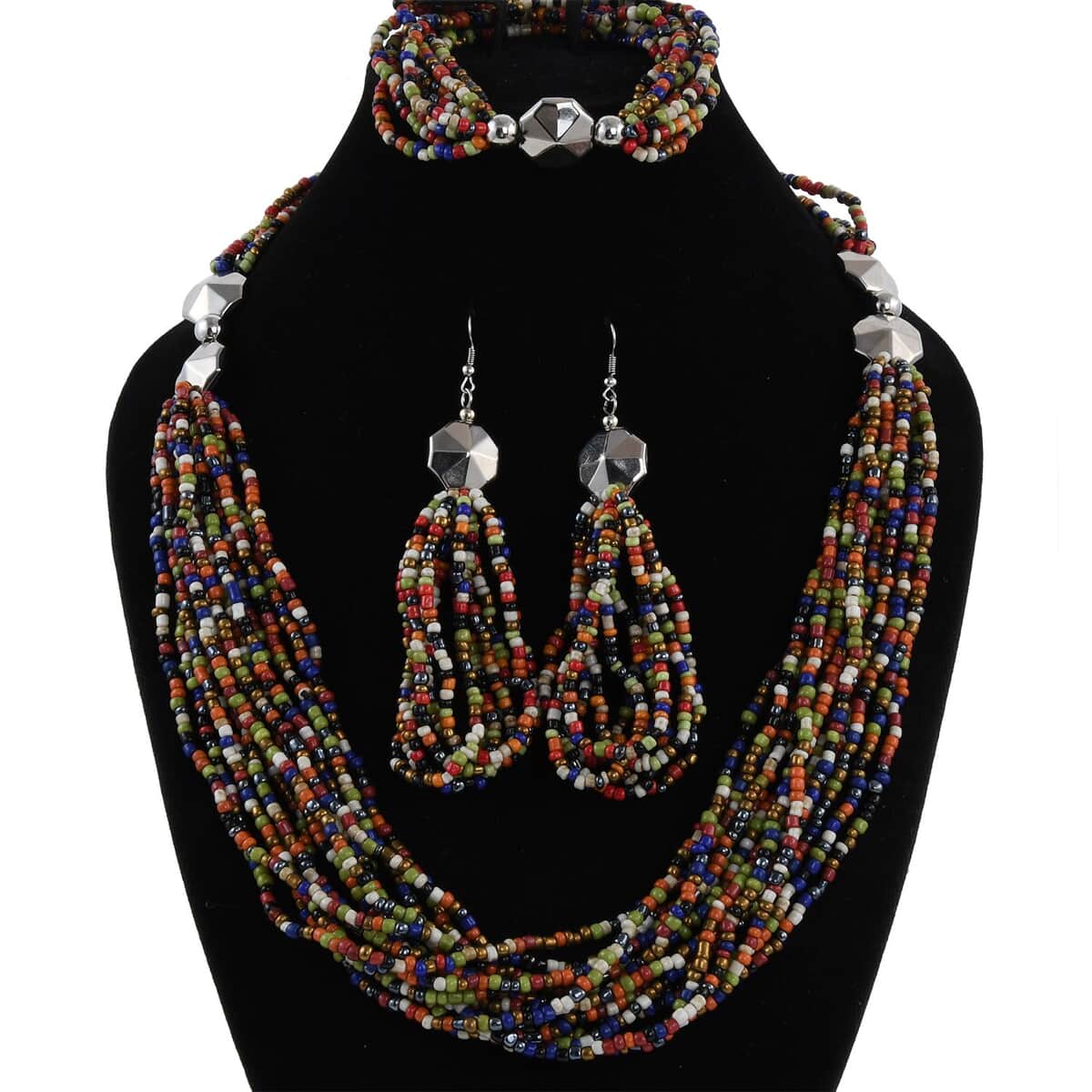 Multi Color Seed Beaded Earrings, Stretchable Bracelet and Multi Strand Necklace 30 Inches in Silvertone image number 2