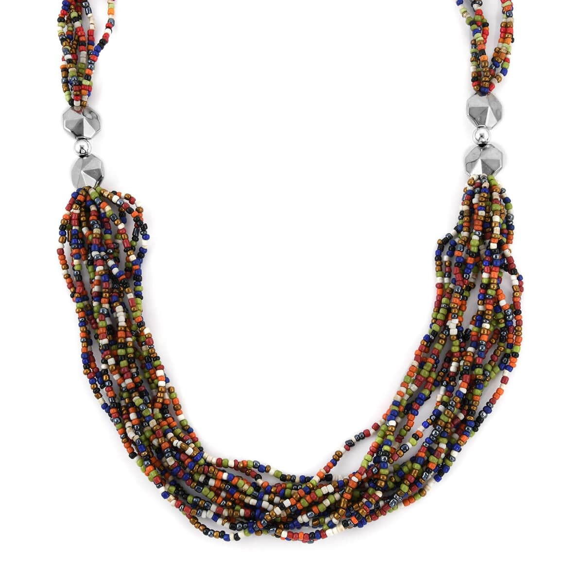 Multi Color Seed Beaded Earrings, Stretchable Bracelet and Multi Strand Necklace 30 Inches in Silvertone image number 3
