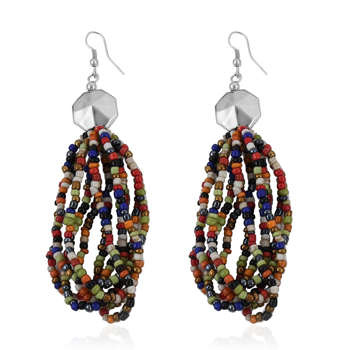 Multi Color Seed Beaded Earrings, Stretchable Bracelet and Multi Strand Necklace 30 Inches in Silvertone