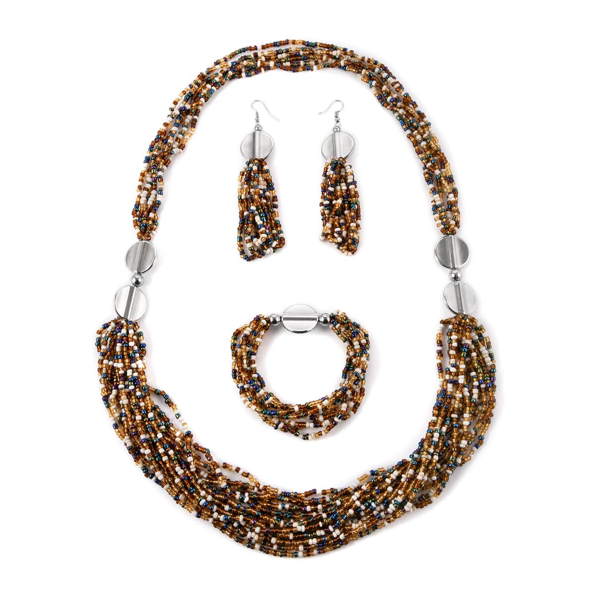 Bronze Seed Beaded Earrings, Stretchable Bracelet and Multi Strand Necklace 30 Inches in Silvertone image number 0