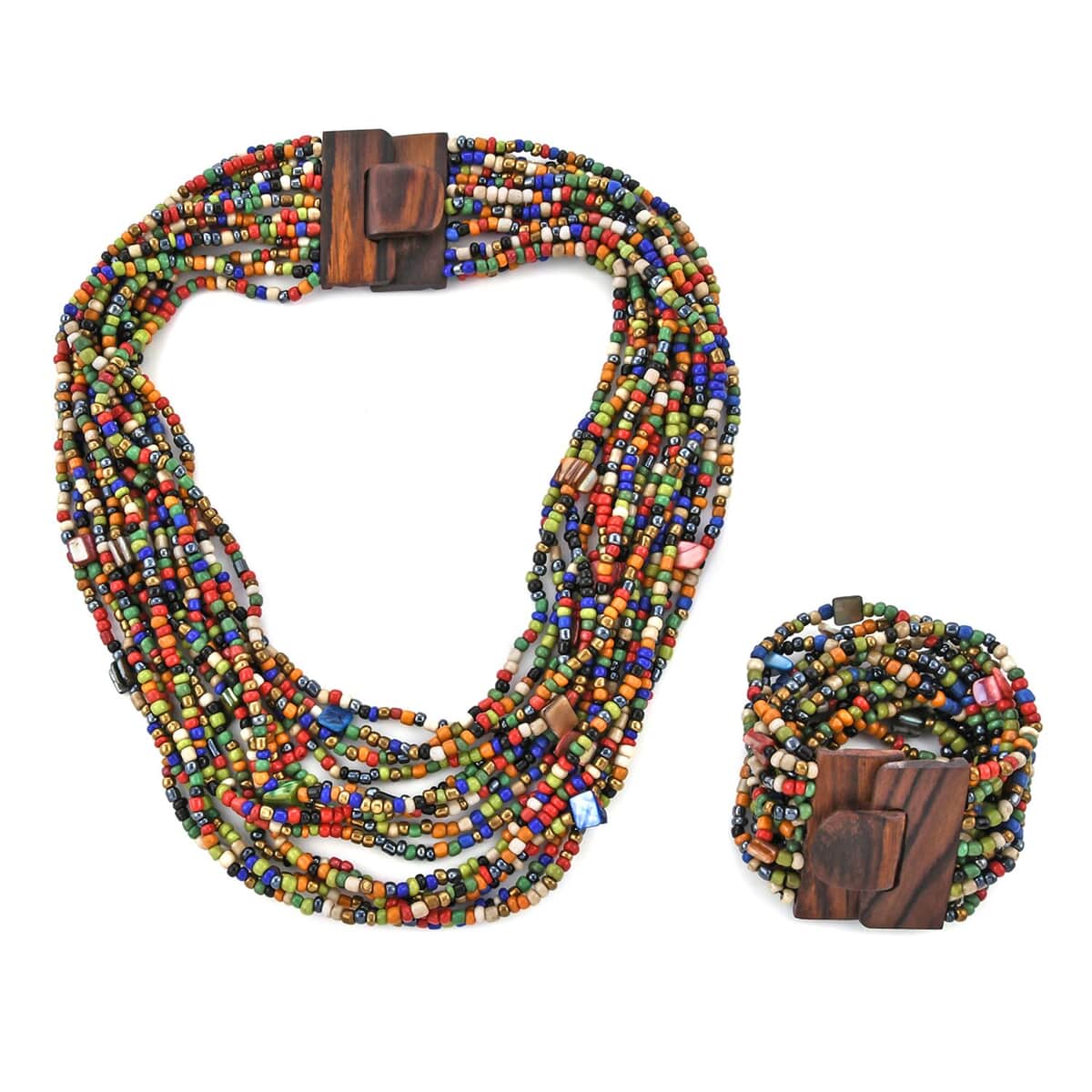 Multi Color Seed Bead and Shell Wooden Buckle Stretch Bracelet and Multi Strand Necklace 18 Inch image number 0