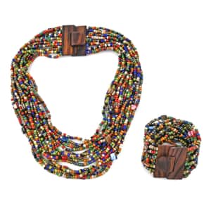 Multi Color Seed Bead and Shell Wooden Buckle Stretch Bracelet and Multi Strand Necklace 18 Inch