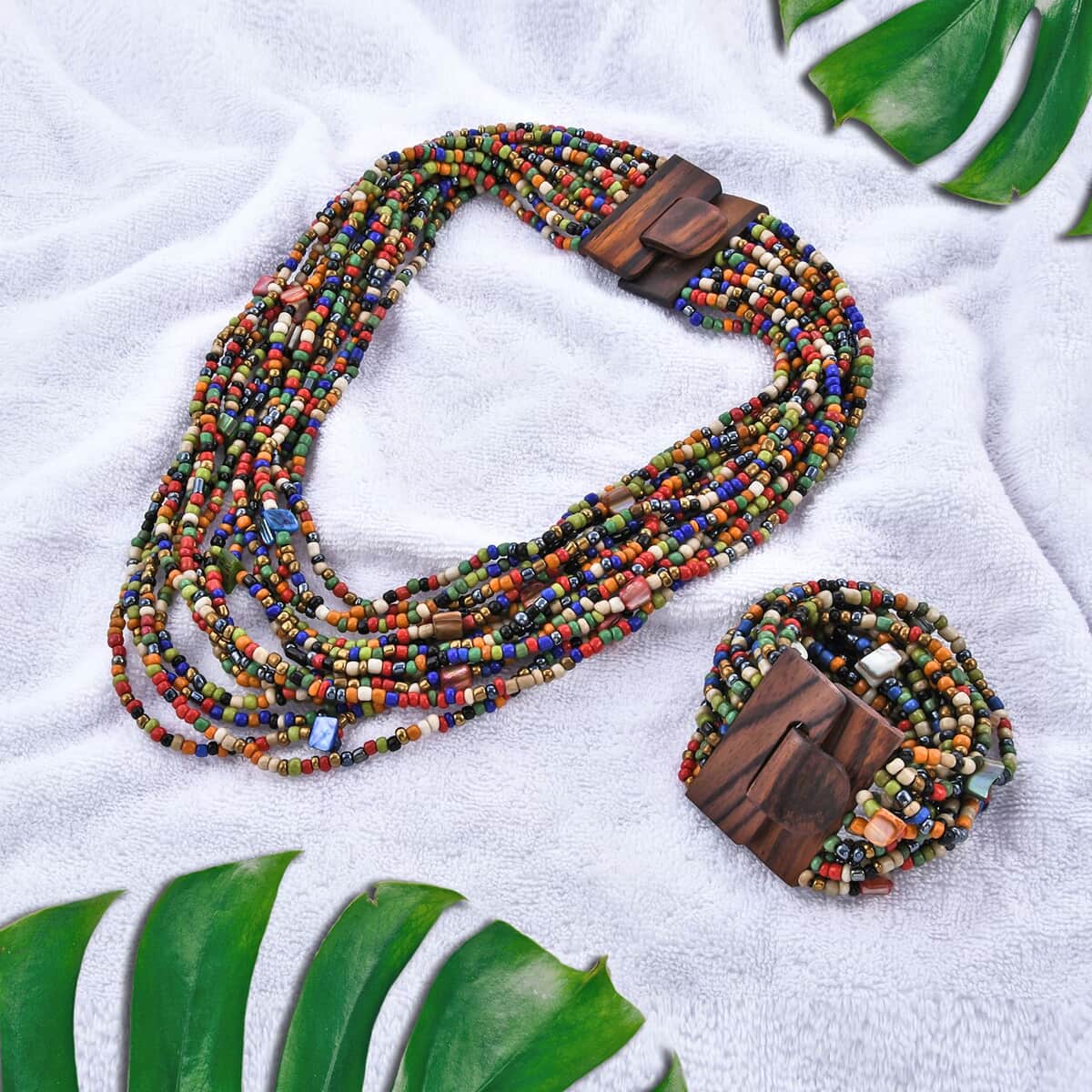 Multi Color Seed Bead and Shell Wooden Buckle Stretch Bracelet and Multi Strand Necklace 18 Inch image number 1