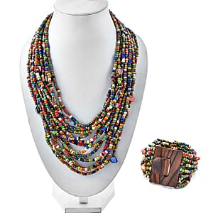 Multi Color Seed Bead and Shell Wooden Buckle Stretch Bracelet and Multi Strand Necklace 18 Inch