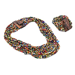 Multi Color Seed Bead and Shell Wooden Buckle Stretch Bracelet and Multi Strand Necklace 18 Inch