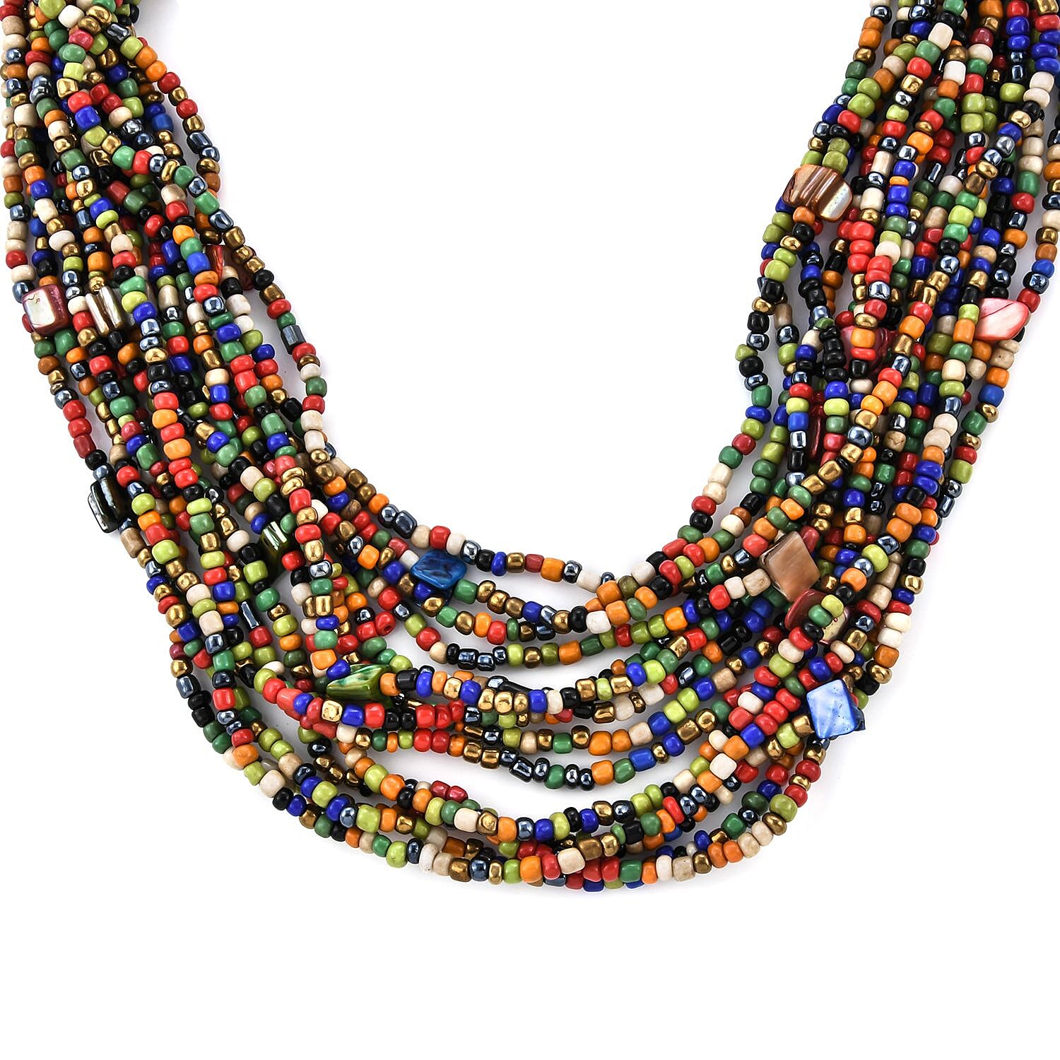 Multi Color Seed Bead and Shell Wooden Buckle Stretch Bracelet and Multi Strand Necklace 18 Inch