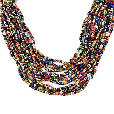 Multi Color Seed Bead and Shell Wooden Buckle Stretch Bracelet and Multi Strand Necklace 18 Inch