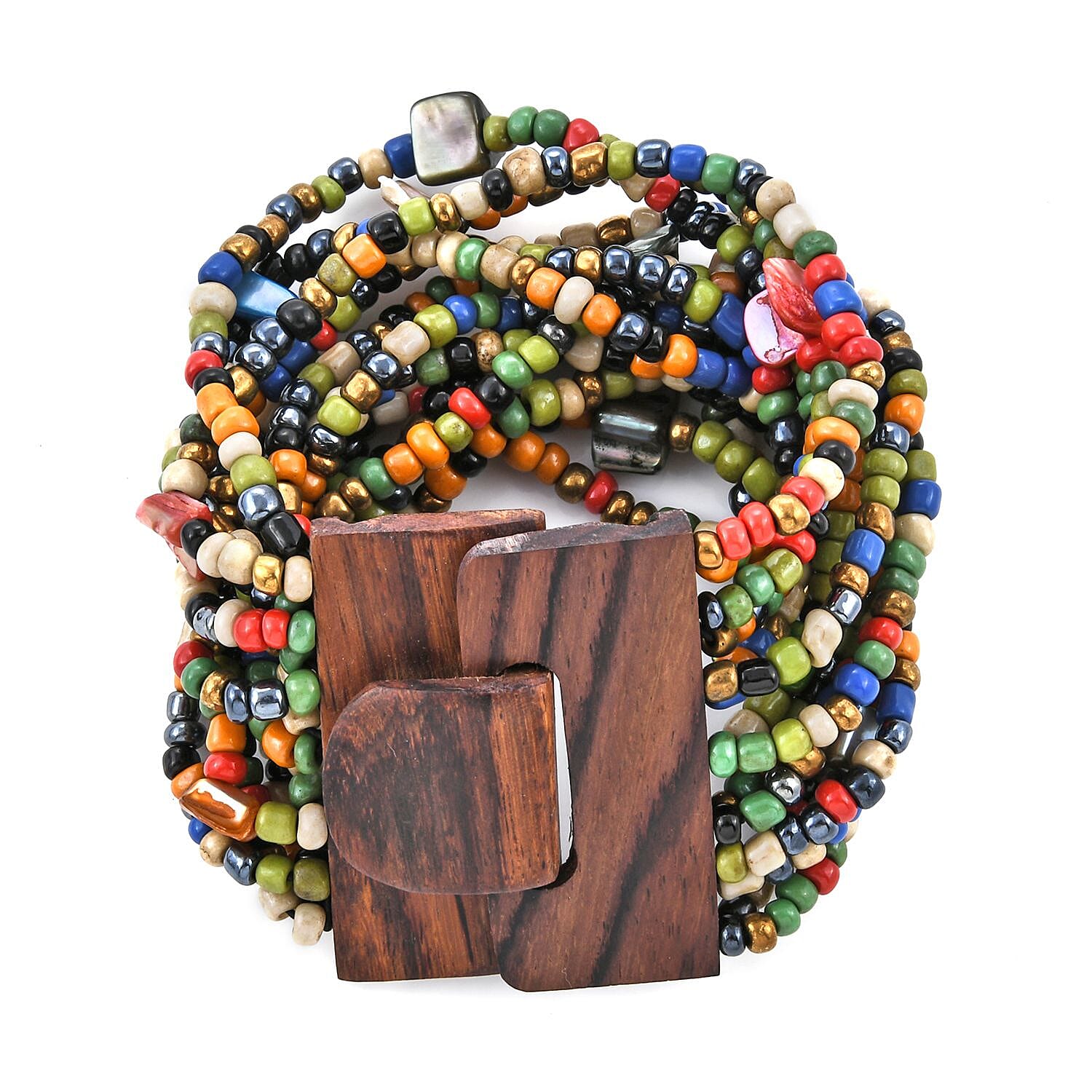 Multi Color Seed Bead and Shell Wooden Buckle Stretch Bracelet and Multi Strand Necklace 18 Inch