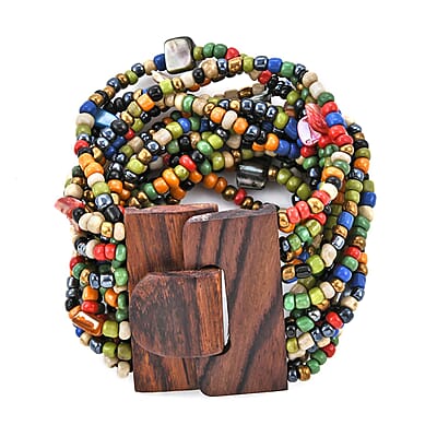 Multi Color Seed Bead and Shell Wooden Buckle Stretch Bracelet and Multi Strand Necklace 18 Inch