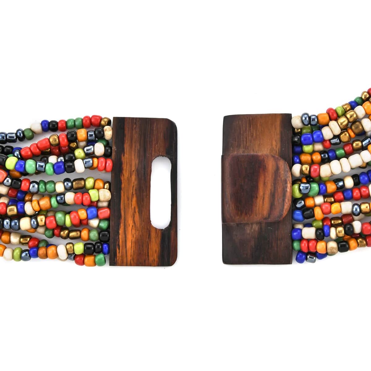 Multi Color Seed Bead and Shell Wooden Buckle Stretch Bracelet and Multi Strand Necklace 18 Inch image number 6