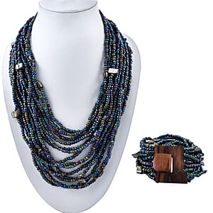 Peacock Seed Bead and Shell Wooden Buckle Stretch Bracelet and Multi Strand Necklace 18 Inches