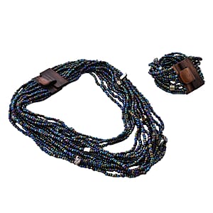 Peacock Seed Bead and Shell Wooden Buckle Stretch Bracelet and Multi Strand Necklace 18 Inches