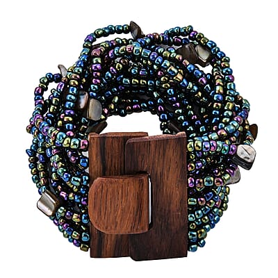 Peacock Seed Bead and Shell Wooden Buckle Stretch Bracelet and Multi Strand Necklace 18 Inches