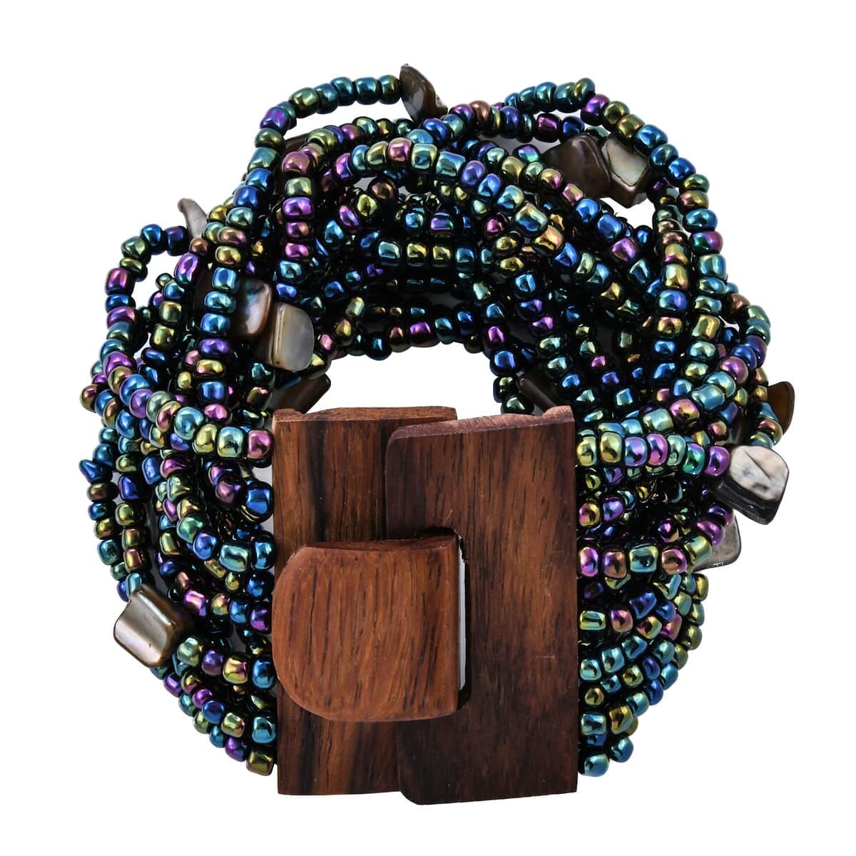Peacock Seed Bead and Shell Wooden Buckle Stretch Bracelet and Multi Strand Necklace 18 Inches image number 5