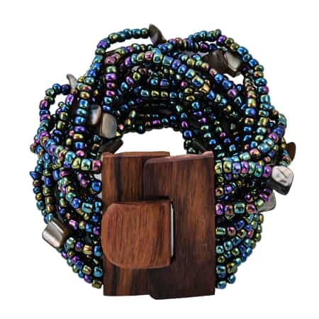 Peacock Seed Bead and Shell Wooden Buckle Stretch Bracelet and Multi Strand Necklace 18 Inches image number 5