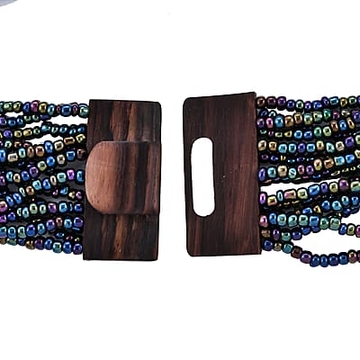 Peacock Seed Bead and Shell Wooden Buckle Stretch Bracelet and Multi Strand Necklace 18 Inches