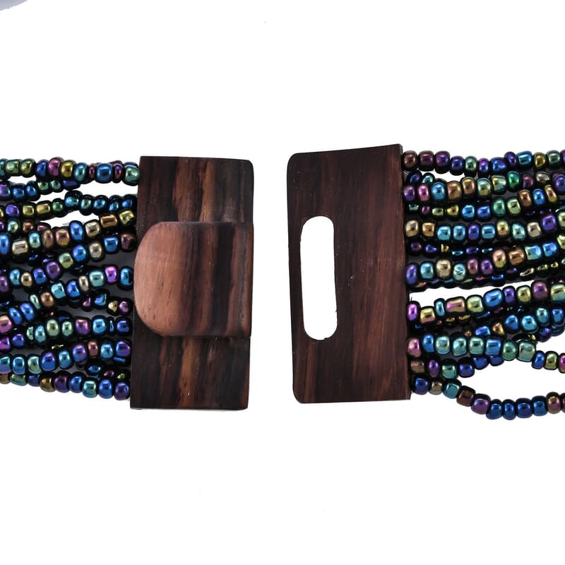 Peacock Seed Bead and Shell Wooden Buckle Stretch Bracelet and Multi Strand Necklace 18 Inches