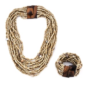 Beige Seed Beaded and Shell Wooden Buckle Bracelet (8in) and Multi Strand Necklace 19 Inches