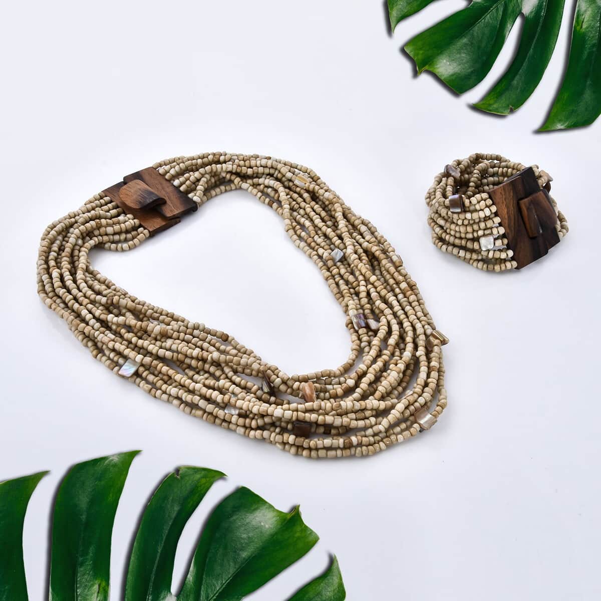 Beige Seed Beaded and Shell Wooden Buckle Stretch Bracelet and Multi Strand Necklace 19 Inches image number 1
