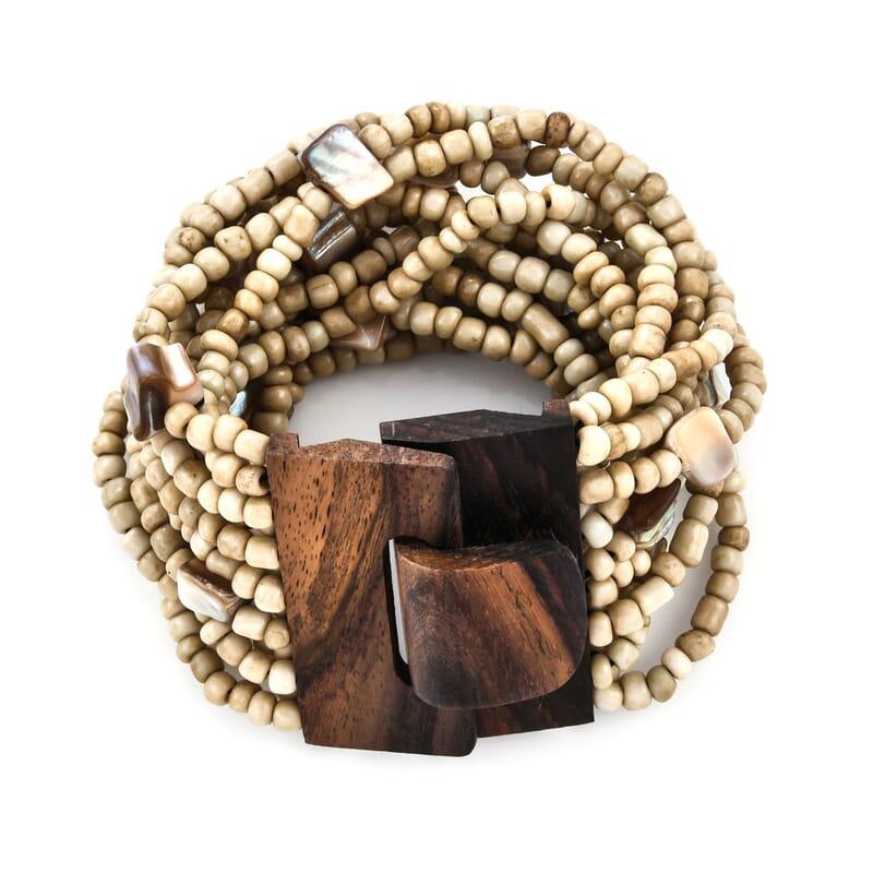 Beige Seed Beaded and Shell Wooden Buckle Bracelet (8in) and Multi Strand Necklace 19 Inches