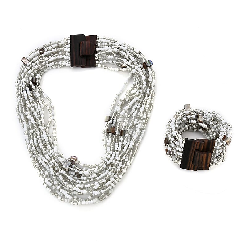 White Seed Beaded and Shell Wooden Buckle Stretch Bracelet 8 Inches and Multi Strand Necklace 19 Inches