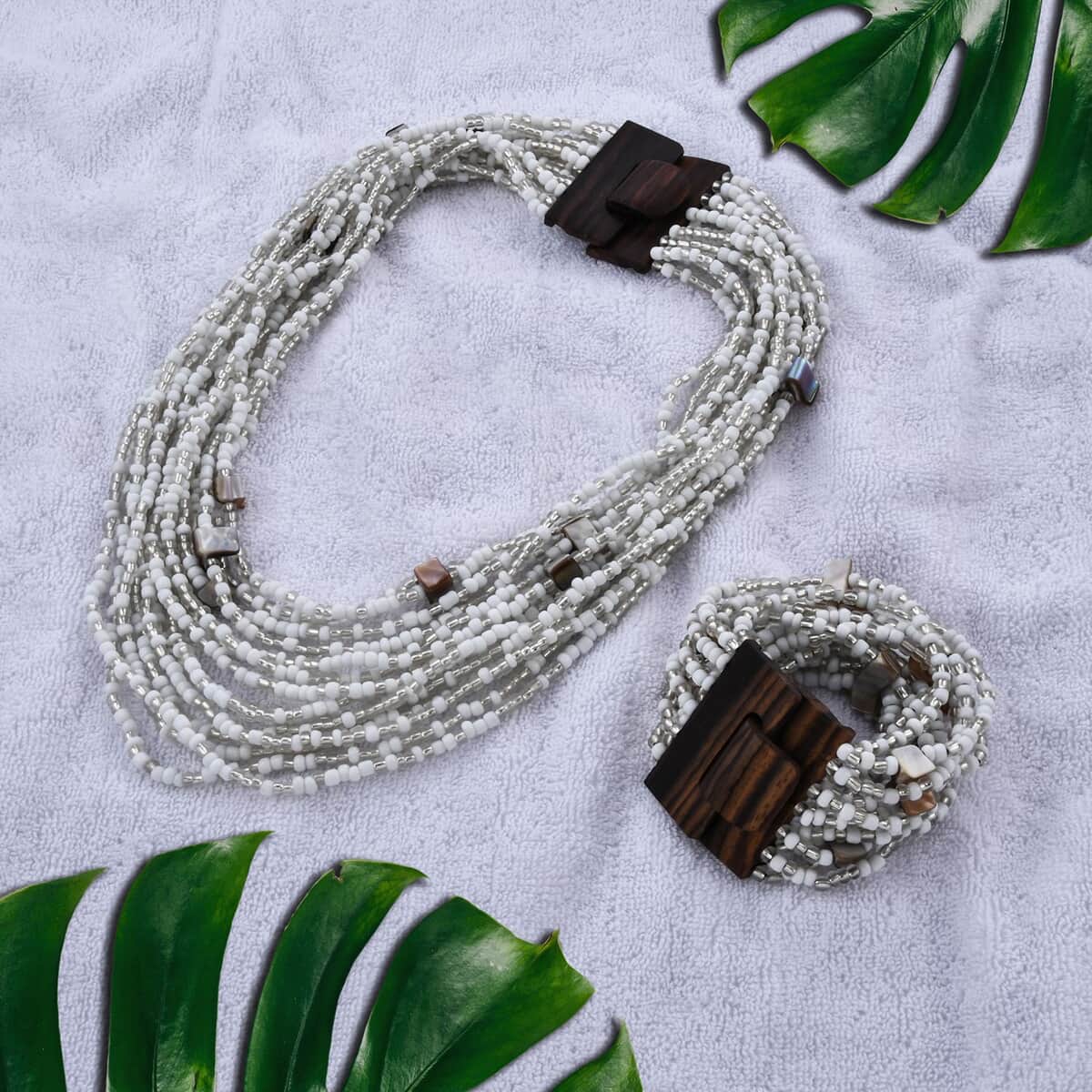 White Seed Beaded and Shell Wooden Buckle Stretch Bracelet 8 Inches and Multi Strand Necklace 19 Inches image number 1