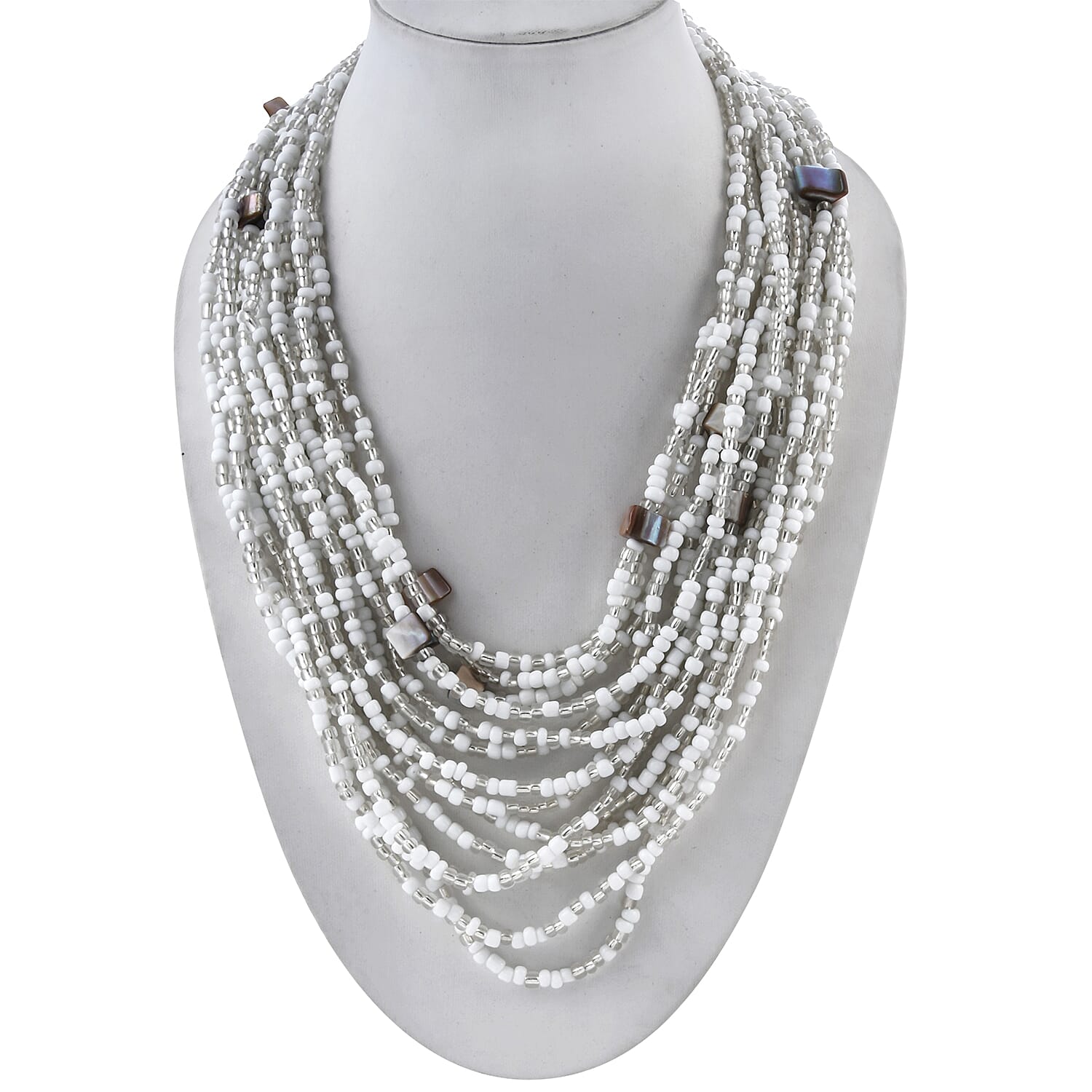 White Seed Beaded and Shell Wooden Buckle Stretch Bracelet 8 Inches and Multi Strand Necklace 19 Inches