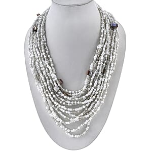 White Seed Beaded and Shell Wooden Buckle Stretch Bracelet 8 Inches and Multi Strand Necklace 19 Inches